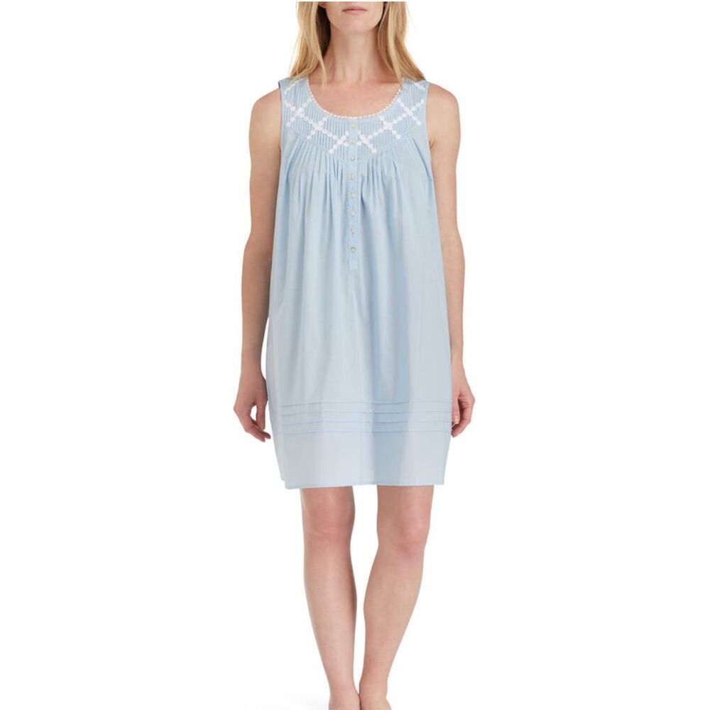 Eileen West Cotton Lace-Trim Short Nightgown Light Blue Size Small